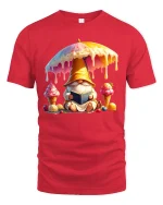 Cute Ice Cream Gnome Reading Tee with Colorful Sweet Art Print - red t-shirt on white background