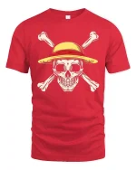 Straw Hat Pirate Skull Tee with Bold Crossbones Graphic Art - red t-shirt on white background
