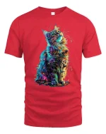 Vibrant Rainbow Cat Tee with Colorful Artistic Feline Design - red t-shirt on white background