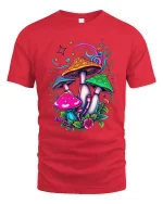 Psychedelic Rainbow Mushroom Tee with Colorful Fantasy Art - red t-shirt on white background