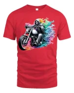 Rainbow Reaper Motorcycle Tee with Colorful Rider Artwork - red t-shirt on white background