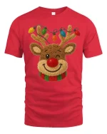 Cute Reindeer Tee with Colorful Christmas Lights and Cozy Charm - red t-shirt on white background
