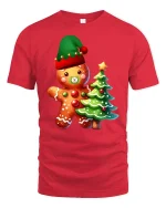Cute Gingerbread Tee with Christmas Tree and Festive Holiday Charm - red t-shirt on white background