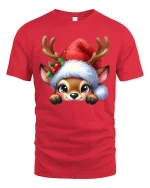 Cute Reindeer Christmas Tee with Santa Hat and Adorable Holiday Art - red t-shirt on white background