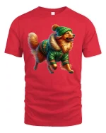 Cozy Winter Dog Tee with Cute Pup in Green Jacket Holiday Style - red t-shirt on white background