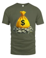 Money Bag Tee with Pile of Cash Graphic Rich Vibes Style - military green t-shirt on white background