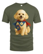 Super Pup Hero Tee with Cute Dog in Cape Fantasy Art Design - military green t-shirt on white background