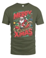 Merry Xmas Santa Sleigh Ride Tee with Fun Holiday Graphic Art - military green t-shirt on white background