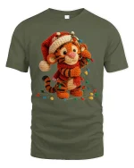 Cute Crochet Tiger Tee with Christmas Lights and Cozy Style - military green t-shirt on white background