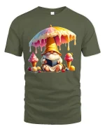 Cute Ice Cream Gnome Reading Tee with Colorful Sweet Art Print - military green t-shirt on white background