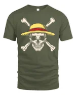 Straw Hat Pirate Skull Tee with Bold Crossbones Graphic Art - military green t-shirt on white background