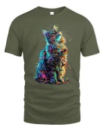 Vibrant Rainbow Cat Tee with Colorful Artistic Feline Design - military green t-shirt on white background