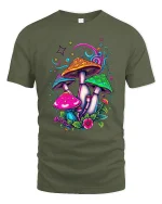 Psychedelic Rainbow Mushroom Tee with Colorful Fantasy Art - military green t-shirt on white background