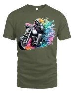 Rainbow Reaper Motorcycle Tee with Colorful Rider Artwork - military green t-shirt on white background