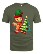 Cute Gingerbread Tee with Christmas Tree and Festive Holiday Charm - military green t-shirt on white background