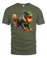 Cozy Winter Dog Tee with Cute Pup in Green Jacket Holiday Style - military green t-shirt on white background