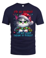 Funny Grumpy Cat Tee with Holiday Humor and Cute Angry Style - navy t-shirt on white background