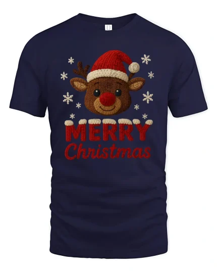 Cute Merry Christmas Reindeer Tee with Festive Holiday Knit Art - navy t-shirt on white background