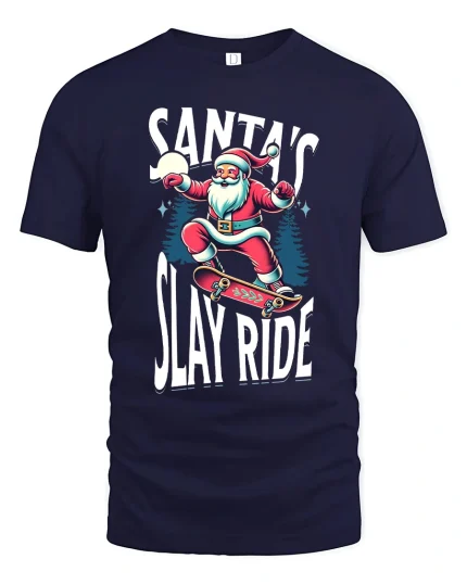 Santa’s Slay Ride Tee with Funny Skateboarding Christmas Style - navy t-shirt on white background