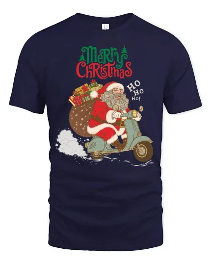 Santa Riding Scooter Merry Christmas Tee with Festive Art Print - navy t-shirt on white background