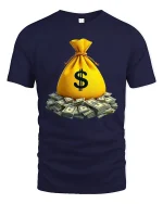 Money Bag Tee with Pile of Cash Graphic Rich Vibes Style - navy t-shirt on white background