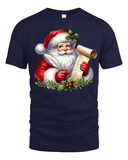 Santa Claus List Tee with Vintage Christmas Holiday Artwork - navy t-shirt on white background