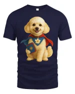 Super Pup Hero Tee with Cute Dog in Cape Fantasy Art Design - navy t-shirt on white background