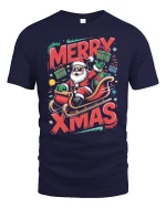 Merry Xmas Santa Sleigh Ride Tee with Fun Holiday Graphic Art - navy t-shirt on white background