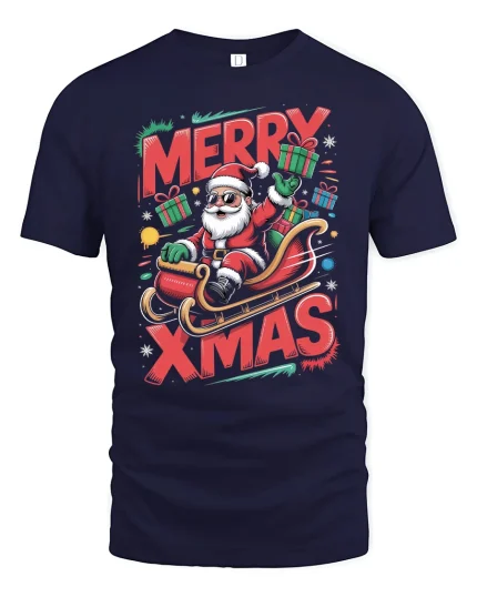 Merry Xmas Santa Sleigh Ride Tee with Fun Holiday Graphic Art - navy t-shirt on white background