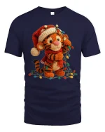Cute Crochet Tiger Tee with Christmas Lights and Cozy Style - navy t-shirt on white background