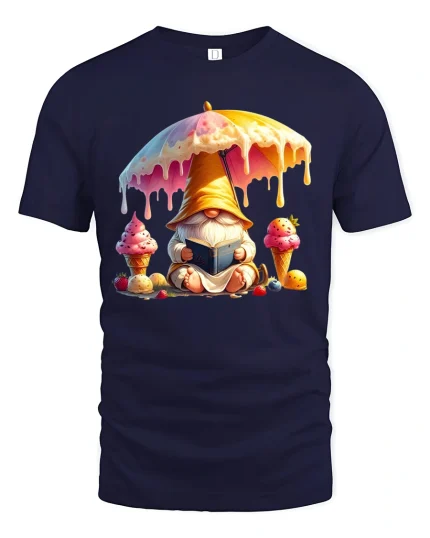 Cute Ice Cream Gnome Reading Tee with Colorful Sweet Art Print - navy t-shirt on white background