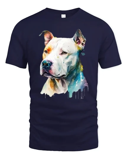 Watercolor Pitbull Art Tee with Colorful Bold Dog Illustration - navy t-shirt on white background