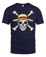 Straw Hat Pirate Skull Tee with Bold Crossbones Graphic Art - navy t-shirt on white background