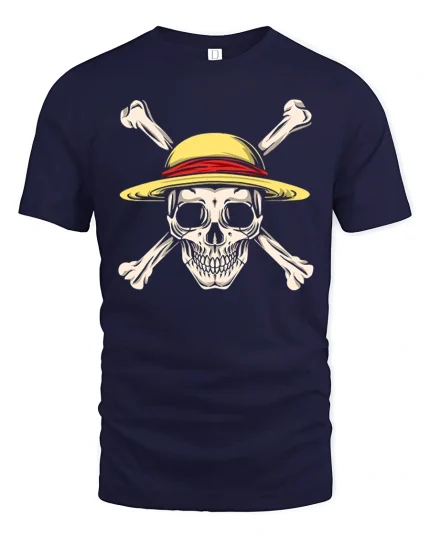 Straw Hat Pirate Skull Tee with Bold Crossbones Graphic Art - navy t-shirt on white background