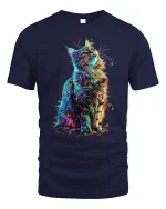 Vibrant Rainbow Cat Tee with Colorful Artistic Feline Design - navy t-shirt on white background