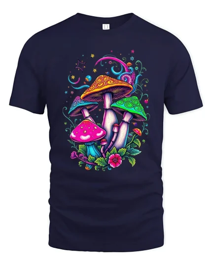 Psychedelic Rainbow Mushroom Tee with Colorful Fantasy Art - navy t-shirt on white background