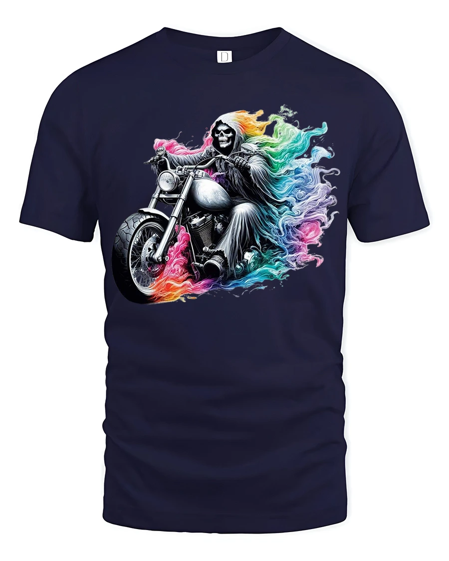 Rainbow Reaper Motorcycle Tee with Colorful Rider Artwork - 1 Rainbow Reaper Motorcycle Tee with Colorful Rider Artwork - navy t-shirt on white background