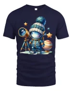 Cute Space Explorer Tee with Telescope and Adorable Astronaut - navy t-shirt on white background