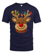 Cute Reindeer Tee with Colorful Christmas Lights and Cozy Charm - navy t-shirt on white background