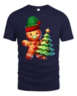 Cute Gingerbread Tee with Christmas Tree and Festive Holiday Charm - navy t-shirt on white background