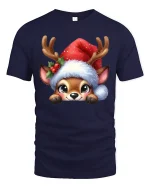 Cute Reindeer Christmas Tee with Santa Hat and Adorable Holiday Art - navy t-shirt on white background