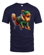 Cozy Winter Dog Tee with Cute Pup in Green Jacket Holiday Style - navy t-shirt on white background