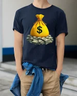 Money Bag Tee with Pile of Cash Graphic Rich Vibes Style - model wearing navy tee with hands in pockets