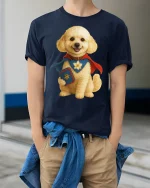 Super Pup Hero Tee with Cute Dog in Cape Fantasy Art Design - model wearing navy tee with hands in pockets