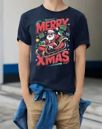 Merry Xmas Santa Sleigh Ride Tee with Fun Holiday Graphic Art - model wearing navy tee with hands in pockets
