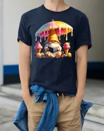 Cute Ice Cream Gnome Reading Tee with Colorful Sweet Art Print - model wearing navy tee with hands in pockets