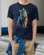 Vibrant Rainbow Cat Tee with Colorful Artistic Feline Design - model wearing navy tee with hands in pockets