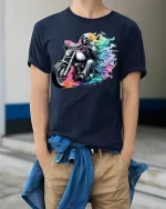 Rainbow Reaper Motorcycle Tee with Colorful Rider Artwork - model wearing navy tee with hands in pockets