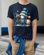 Cute Space Explorer Tee with Telescope and Adorable Astronaut - model wearing navy tee with hands in pockets