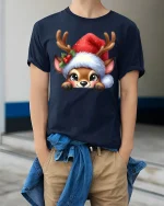 Cute Reindeer Christmas Tee with Santa Hat and Adorable Holiday Art - model wearing navy tee with hands in pockets